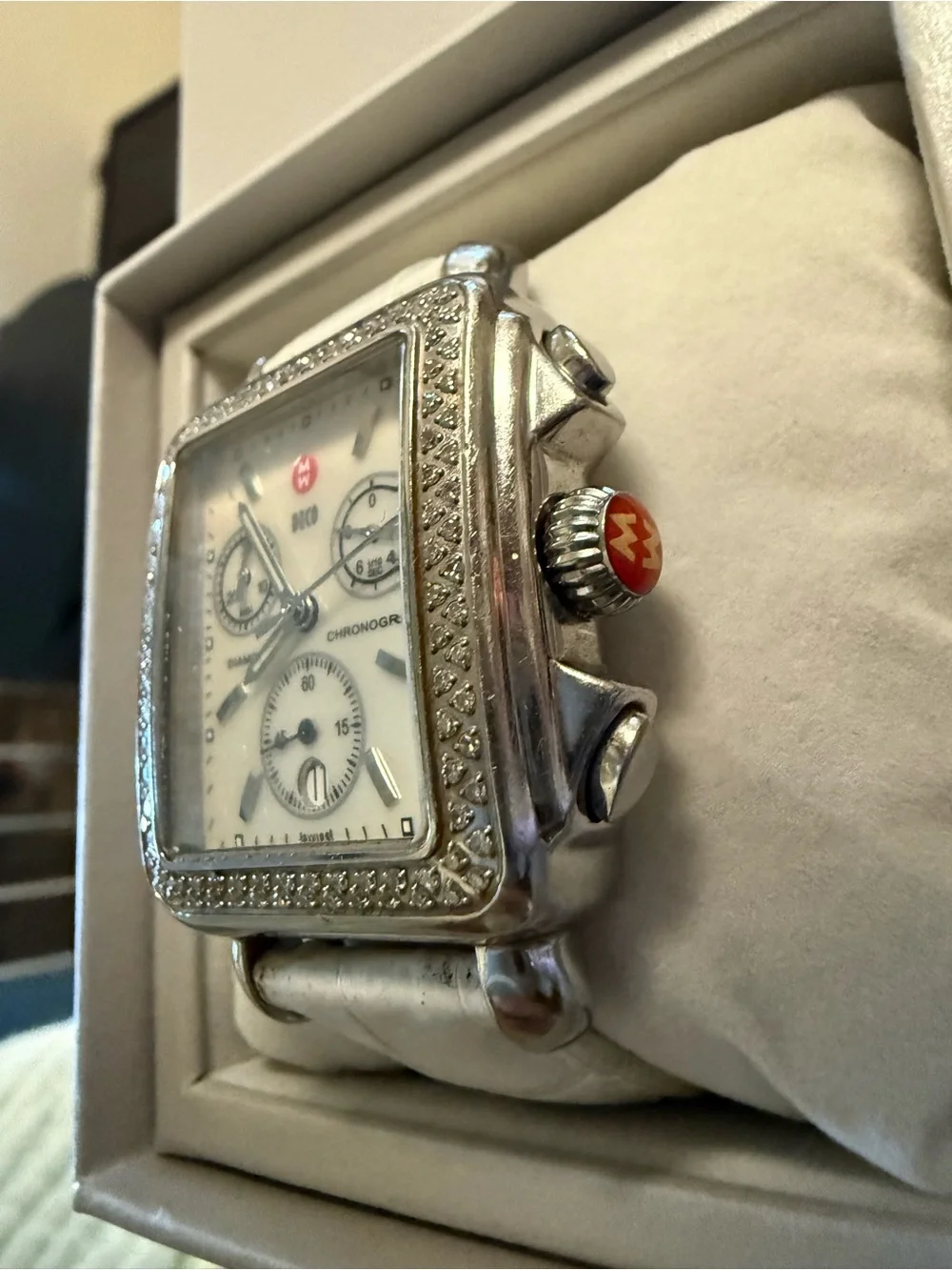 Michele White Diamond-Accented Square Chronograph Watch